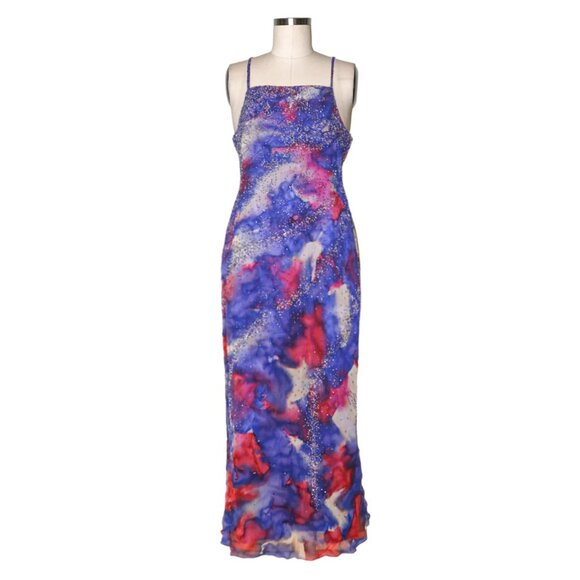 00s Sparkly Bead Embellished Silk Layered Tie Dye Evening Slip Gown Dress - Picture 3 of 7